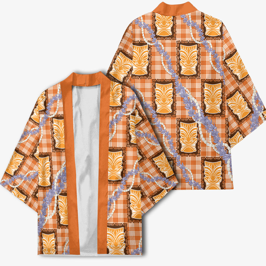 Aloha Hawaii Tiki Palaka Motifs Kimono Honohono Lei Orange Elegant Vibes LT14 - Polynesian Pride