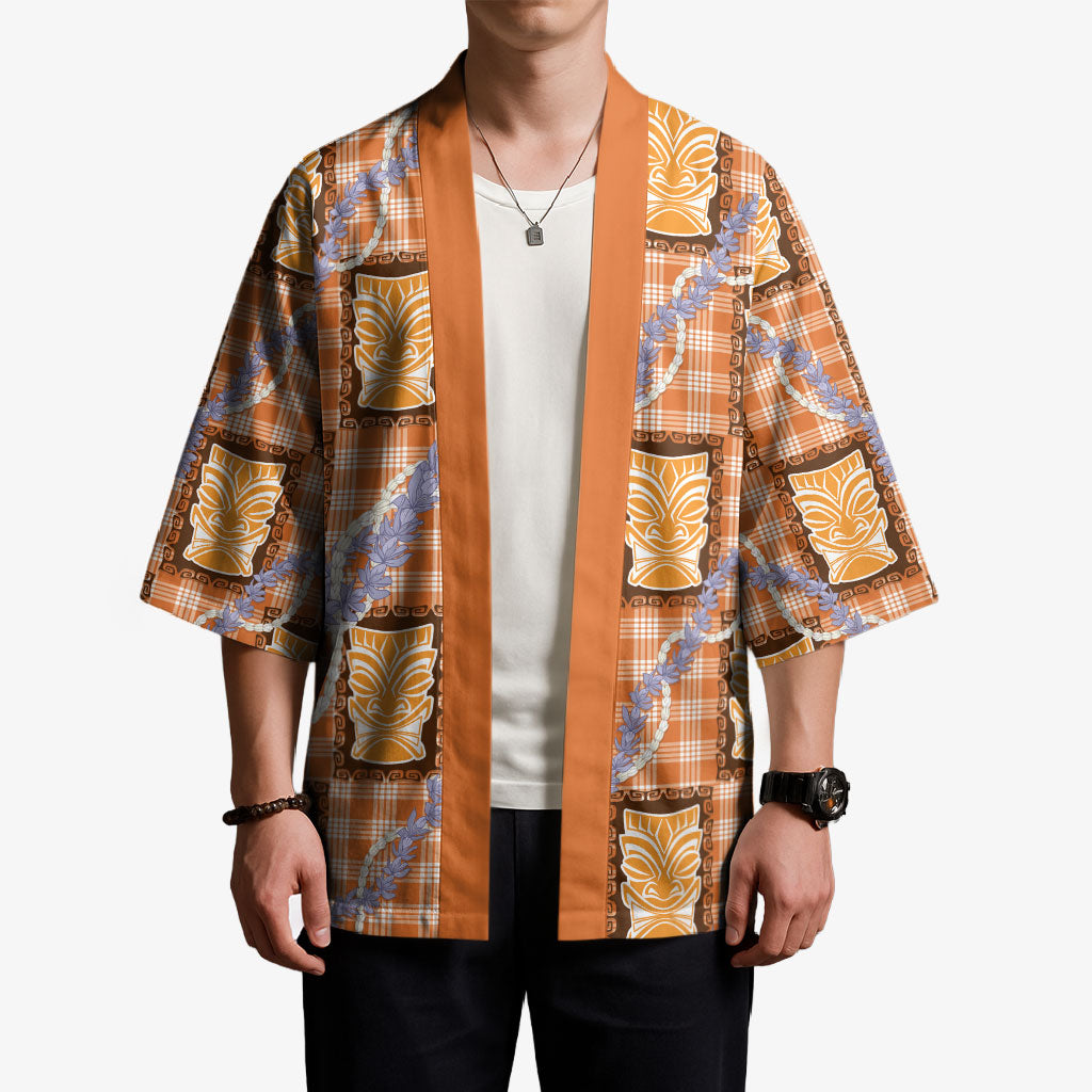 Aloha Hawaii Tiki Palaka Motifs Kimono Honohono Lei Orange Elegant Vibes LT14 - Polynesian Pride