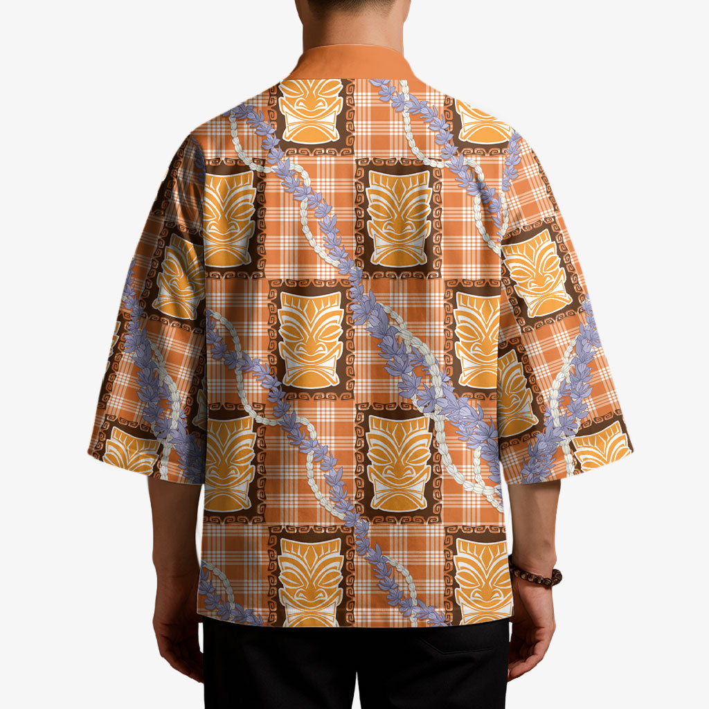 Aloha Hawaii Tiki Palaka Motifs Kimono Honohono Lei Orange Elegant Vibes LT14 - Polynesian Pride