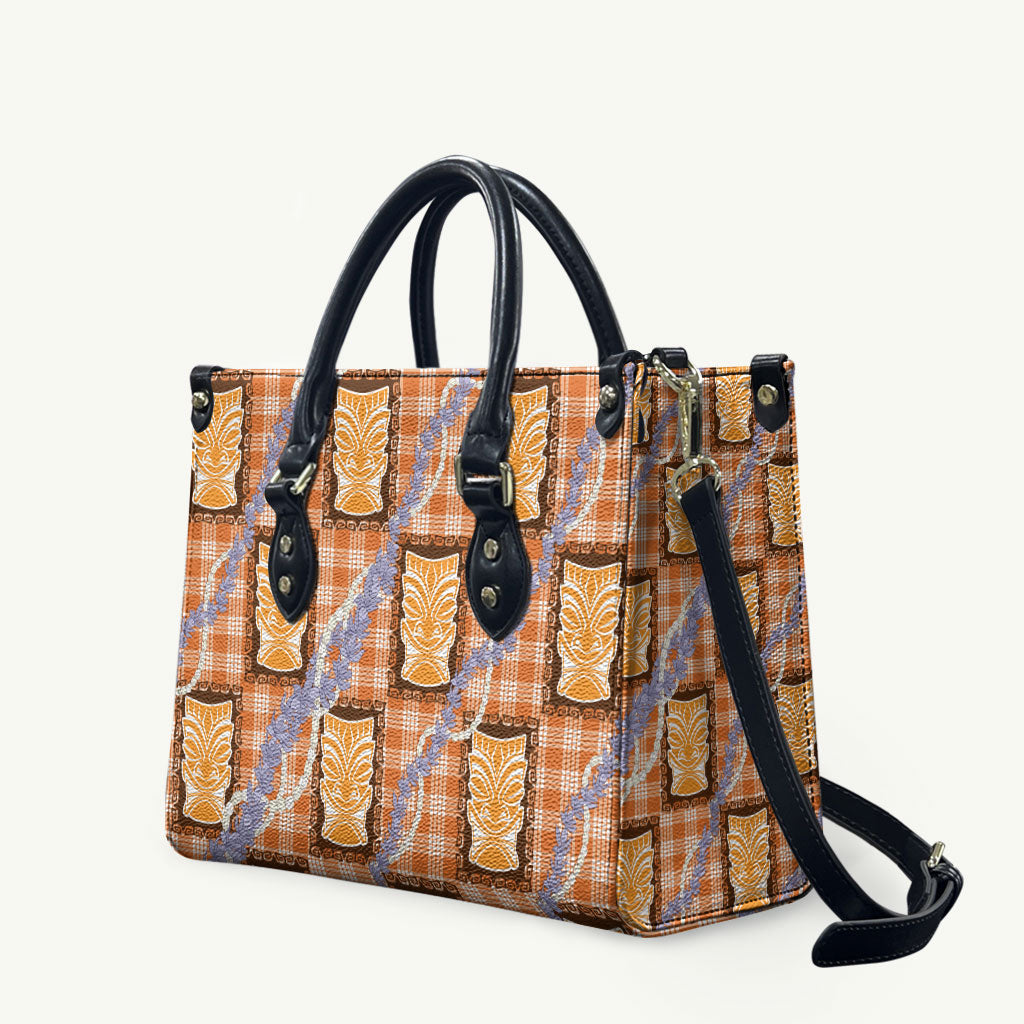 Aloha Hawaii Tiki Palaka Motifs Leather Bag Honohono Lei Orange Elegant Vibes