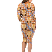 Aloha Hawaii Tiki Palaka Motifs Long Sleeve Bodycon Dress Honohono Lei Orange Elegant Vibes