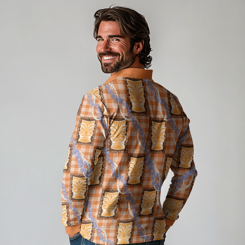 Aloha Hawaii Tiki Palaka Motifs Long Sleeve Polo Shirt Honohono Lei Orange Elegant Vibes