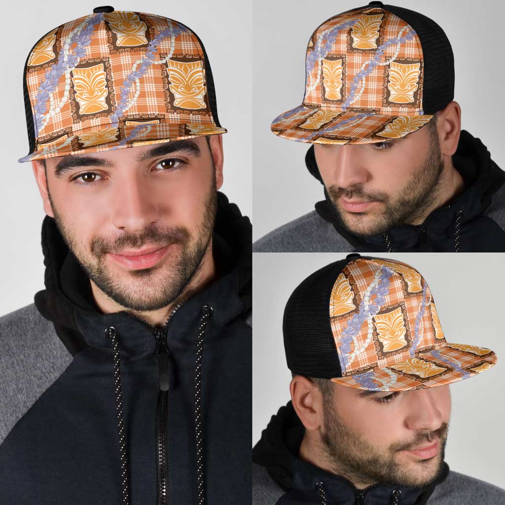 Aloha Hawaii Tiki Palaka Motifs Mesh Trucker Cap Honohono Lei Orange Elegant Vibes LT14 - Polynesian Pride