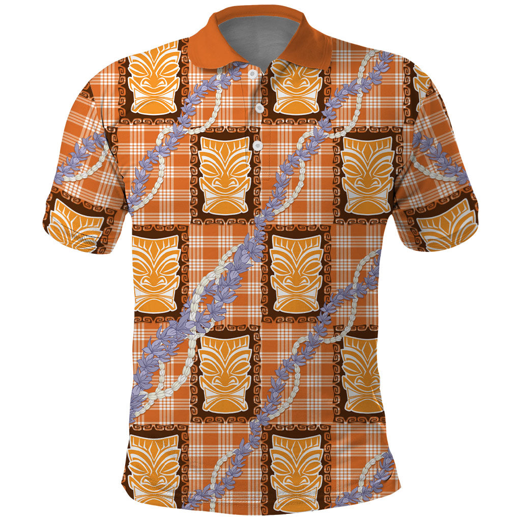Aloha Hawaii Tiki Palaka Motifs Polo Shirt Honohono Lei Orange Elegant Vibes