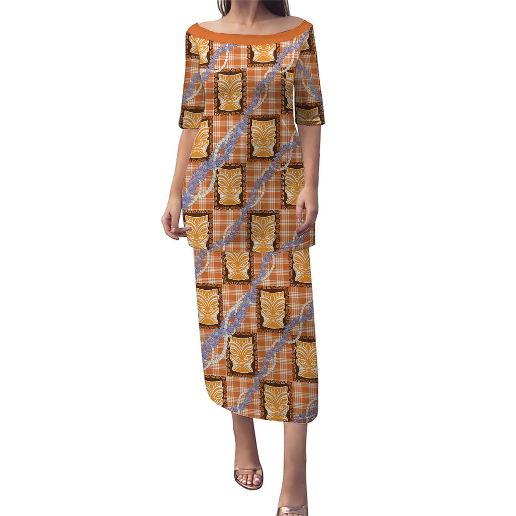 Aloha Hawaii Tiki Palaka Motifs Puletasi Honohono Lei Orange Elegant Vibes LT14 Long Dress Orange - Polynesian Pride