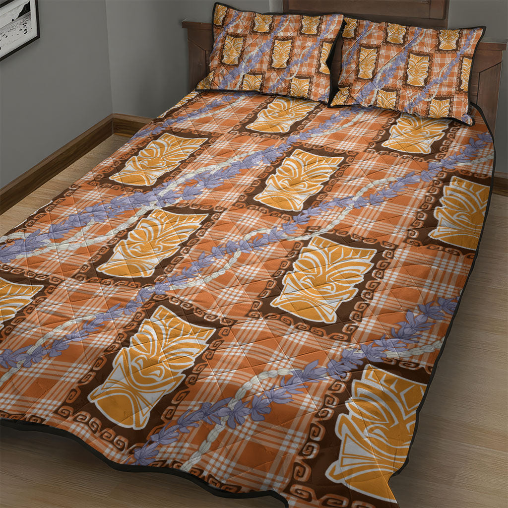 Aloha Hawaii Tiki Palaka Motifs Quilt Bed Set Honohono Lei Orange Elegant Vibes LT14 - Polynesian Pride