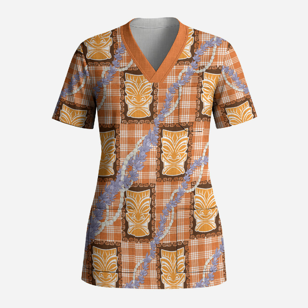 Aloha Hawaii Tiki Palaka Motifs Scrub Top Honohono Lei Orange Elegant Vibes LT14 Adult Orange - Polynesian Pride