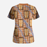 Aloha Hawaii Tiki Palaka Motifs Scrub Top Honohono Lei Orange Elegant Vibes LT14 - Polynesian Pride