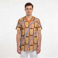 Aloha Hawaii Tiki Palaka Motifs Scrub Top Honohono Lei Orange Elegant Vibes LT14 - Polynesian Pride
