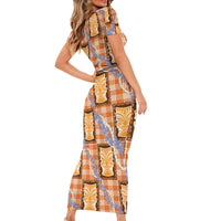 Aloha Hawaii Tiki Palaka Motifs Short Sleeve Bodycon Dress Honohono Lei Orange Elegant Vibes