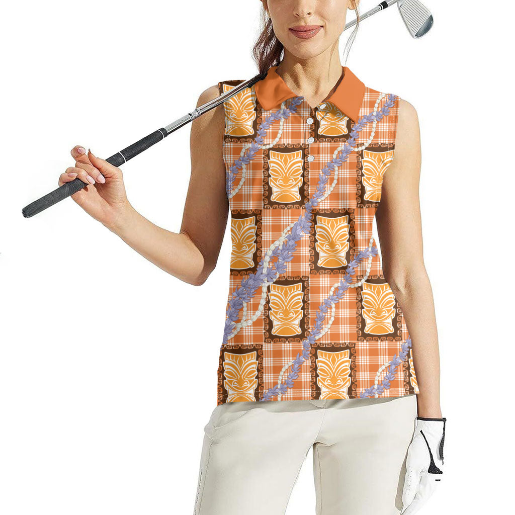 Aloha Hawaii Tiki Palaka Motifs Women Sleeveless Polo Shirt Honohono Lei Orange Elegant Vibes