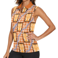 Aloha Hawaii Tiki Palaka Motifs Women Sleeveless Polo Shirt Honohono Lei Orange Elegant Vibes