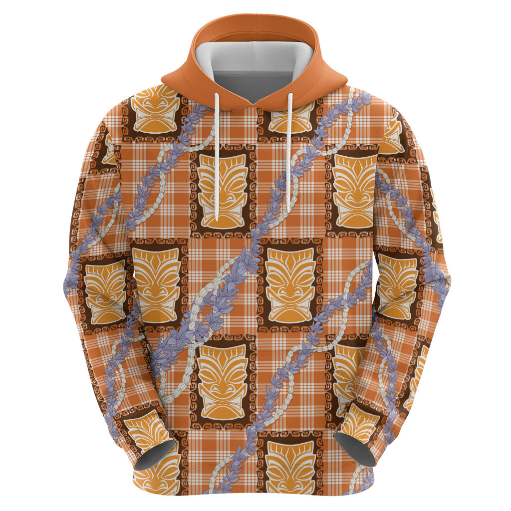 Aloha Hawaii Tiki Palaka Motifs Zip Hoodie Honohono Lei Orange Elegant Vibes