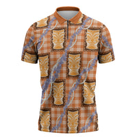 Aloha Hawaii Tiki Palaka Motifs Zipper Polo Shirt Honohono Lei Orange Elegant Vibes