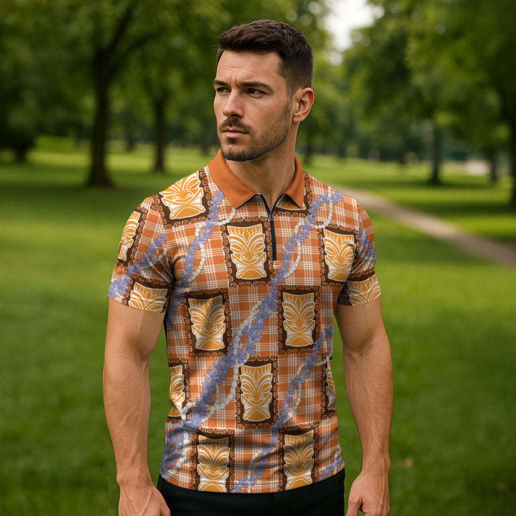 Aloha Hawaii Tiki Palaka Motifs Zipper Polo Shirt Honohono Lei Orange Elegant Vibes