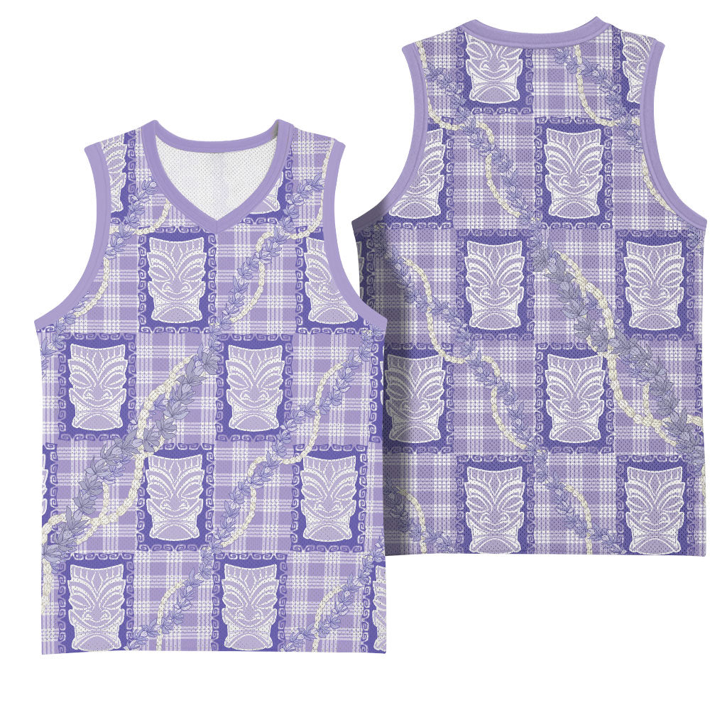 Aloha Hawaii Tiki Palaka Motifs Basketball Jersey Honohono Lei Purple Elegant Vibes
