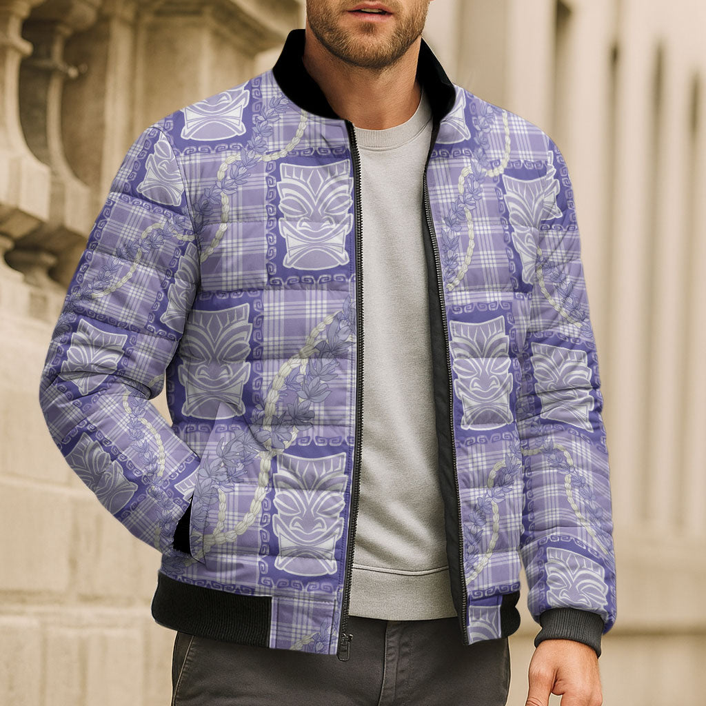 Aloha Hawaii Tiki Palaka Motifs Bomber Puffer Jacket Honohono Lei Purple Elegant Vibes
