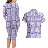 Aloha Hawaii Tiki Palaka Motifs Couples Matching Long Sleeve Bodycon Dress and Hawaiian Shirt Honohono Lei Purple Elegant Vibes