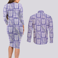 Aloha Hawaii Tiki Palaka Motifs Couples Matching Long Sleeve Bodycon Dress and Long Sleeve Button Shirt Honohono Lei Purple Elegant Vibes