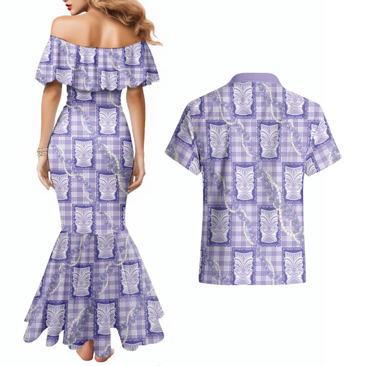 Aloha Hawaii Tiki Palaka Motifs Couples Matching Mermaid Dress and Hawaiian Shirt Honohono Lei Purple Elegant Vibes