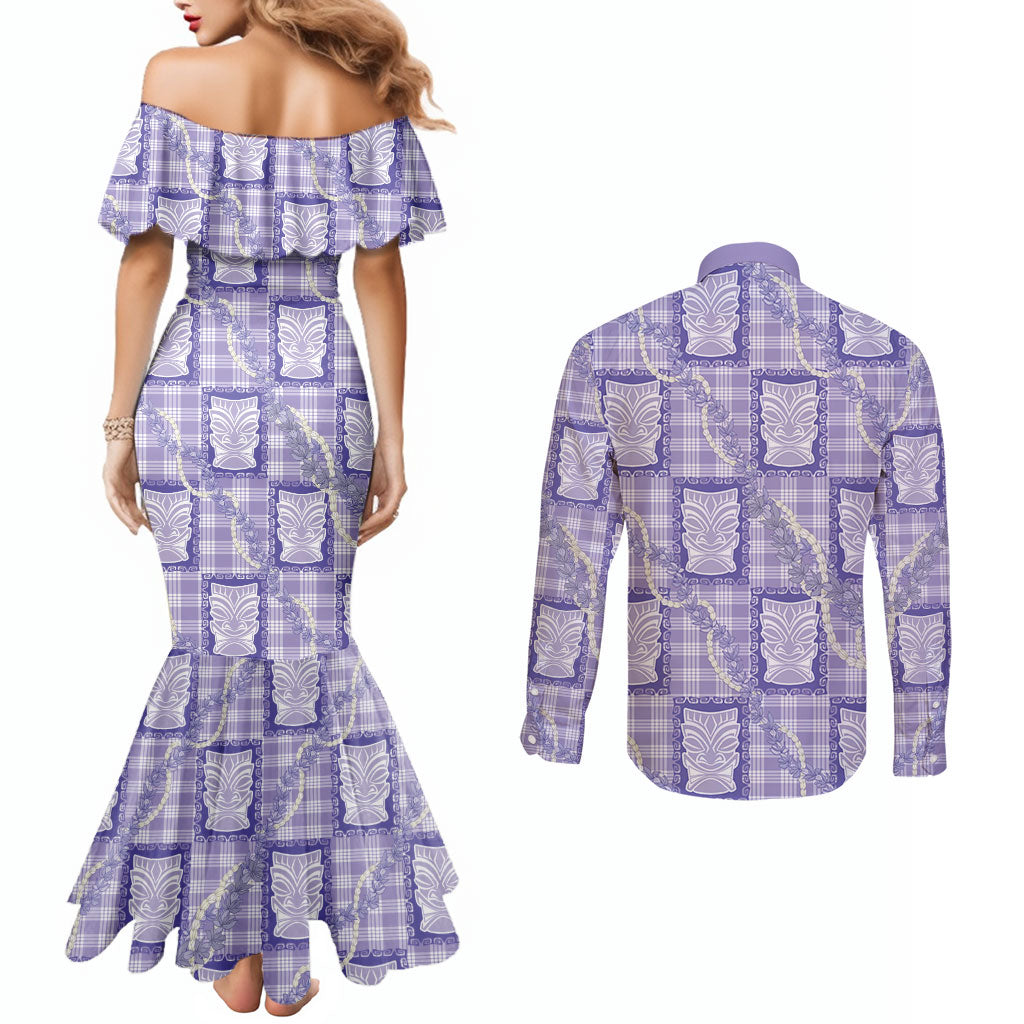 Aloha Hawaii Tiki Palaka Motifs Couples Matching Mermaid Dress and Long Sleeve Button Shirt Honohono Lei Purple Elegant Vibes