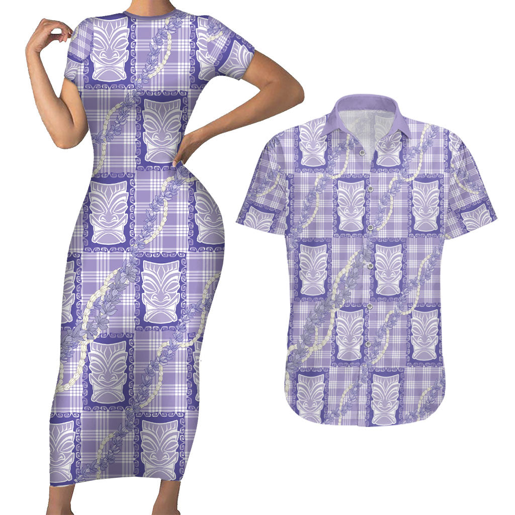 Aloha Hawaii Tiki Palaka Motifs Couples Matching Short Sleeve Bodycon Dress and Hawaiian Shirt Honohono Lei Purple Elegant Vibes LT14 Purple - Polynesian Pride