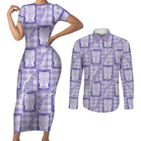 Aloha Hawaii Tiki Palaka Motifs Couples Matching Short Sleeve Bodycon Dress and Long Sleeve Button Shirt Honohono Lei Purple Elegant Vibes
