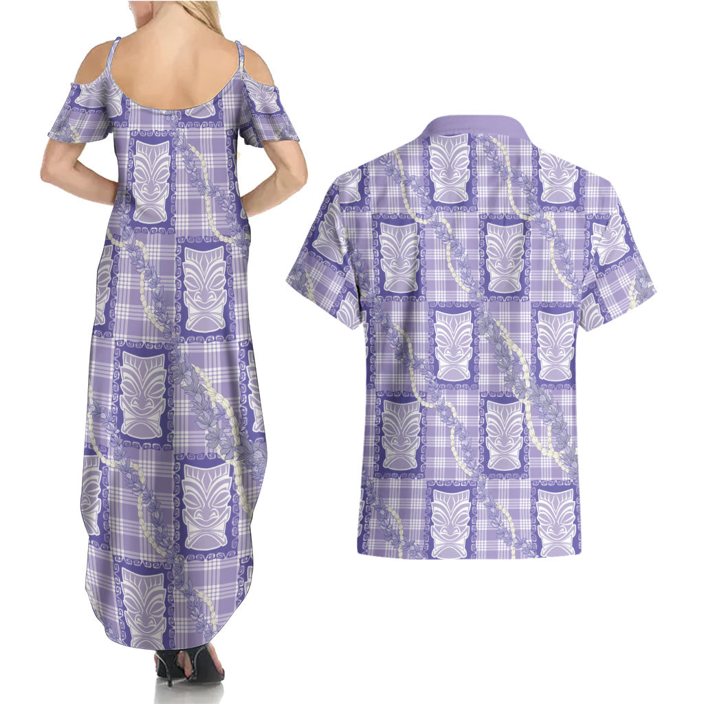 Aloha Hawaii Tiki Palaka Motifs Couples Matching Summer Maxi Dress and Hawaiian Shirt Honohono Lei Purple Elegant Vibes
