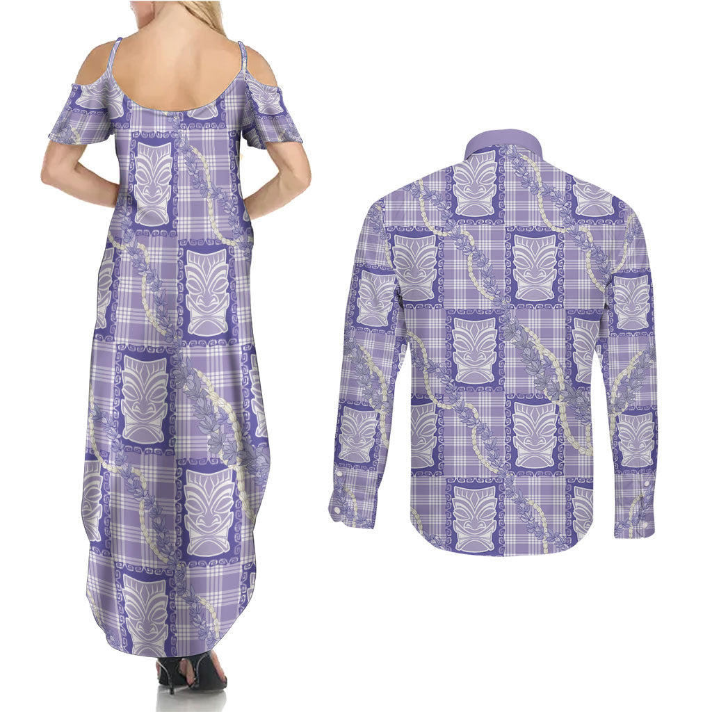 Aloha Hawaii Tiki Palaka Motifs Couples Matching Summer Maxi Dress and Long Sleeve Button Shirt Honohono Lei Purple Elegant Vibes