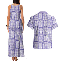 Aloha Hawaii Tiki Palaka Motifs Couples Matching Tank Maxi Dress and Hawaiian Shirt Honohono Lei Purple Elegant Vibes