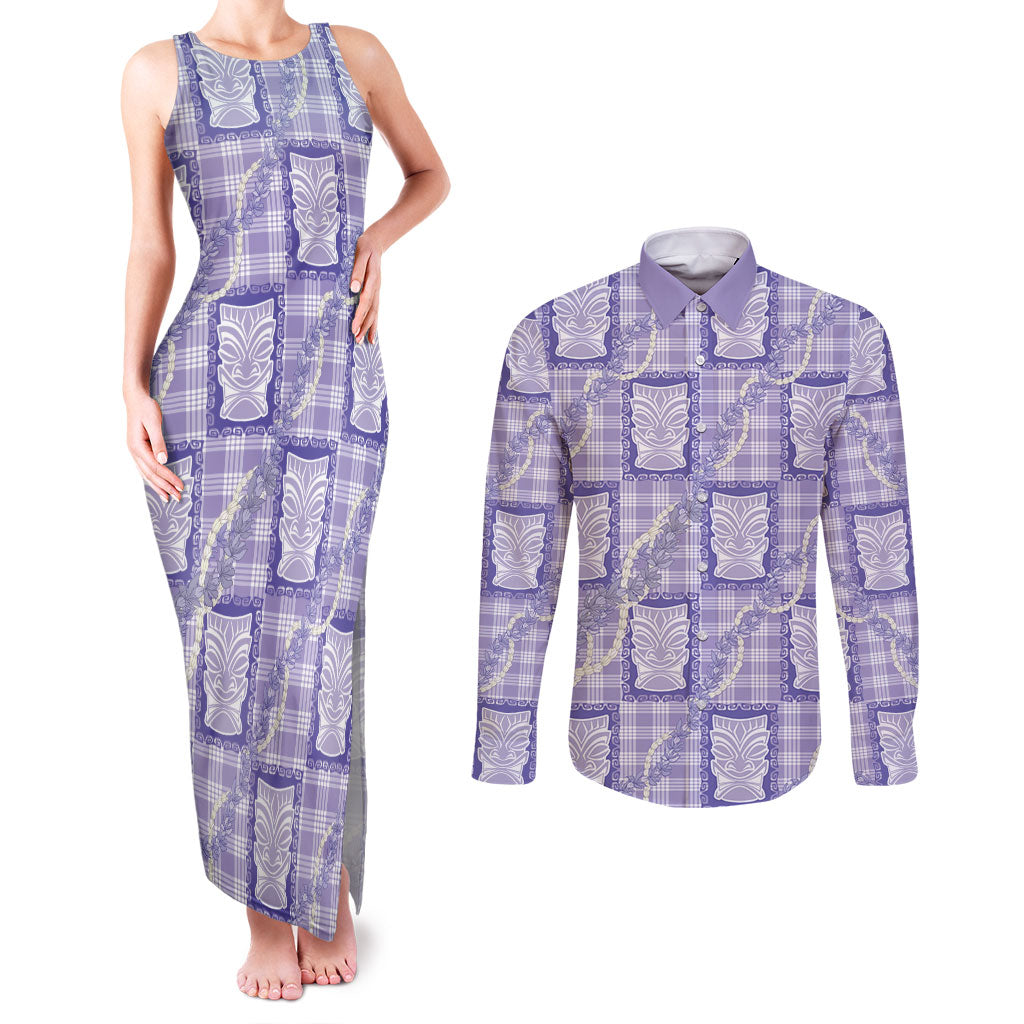 Aloha Hawaii Tiki Palaka Motifs Couples Matching Tank Maxi Dress and Long Sleeve Button Shirt Honohono Lei Purple Elegant Vibes LT14 Purple - Polynesian Pride