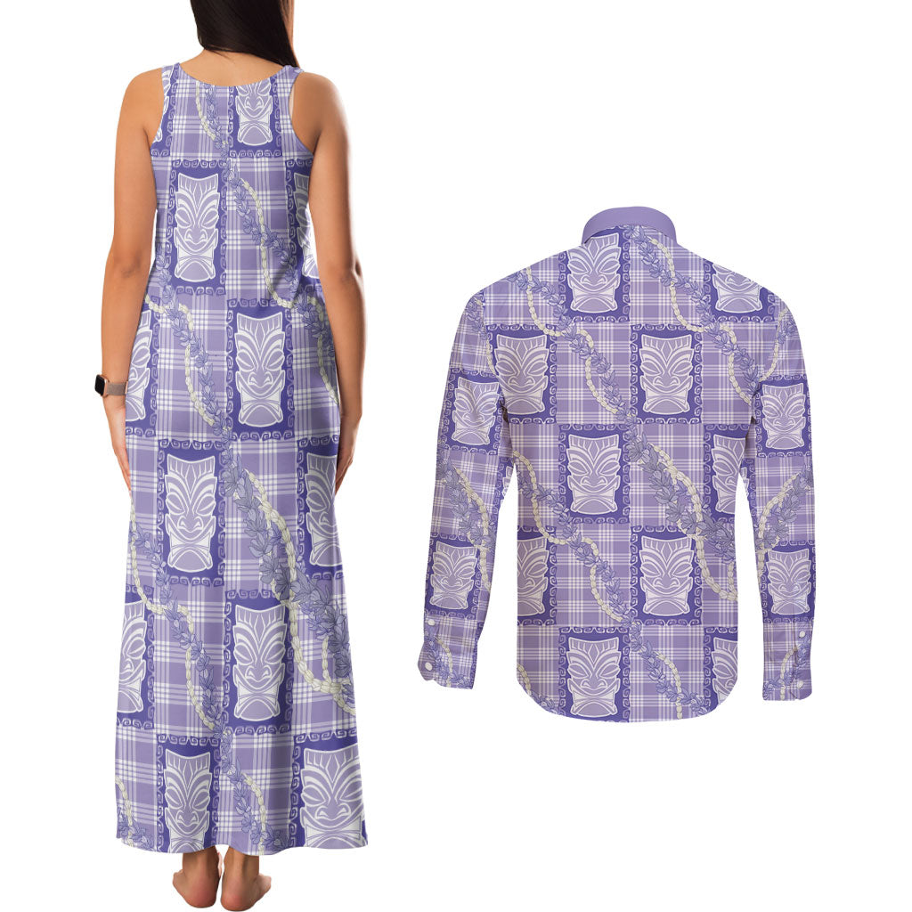 Aloha Hawaii Tiki Palaka Motifs Couples Matching Tank Maxi Dress and Long Sleeve Button Shirt Honohono Lei Purple Elegant Vibes