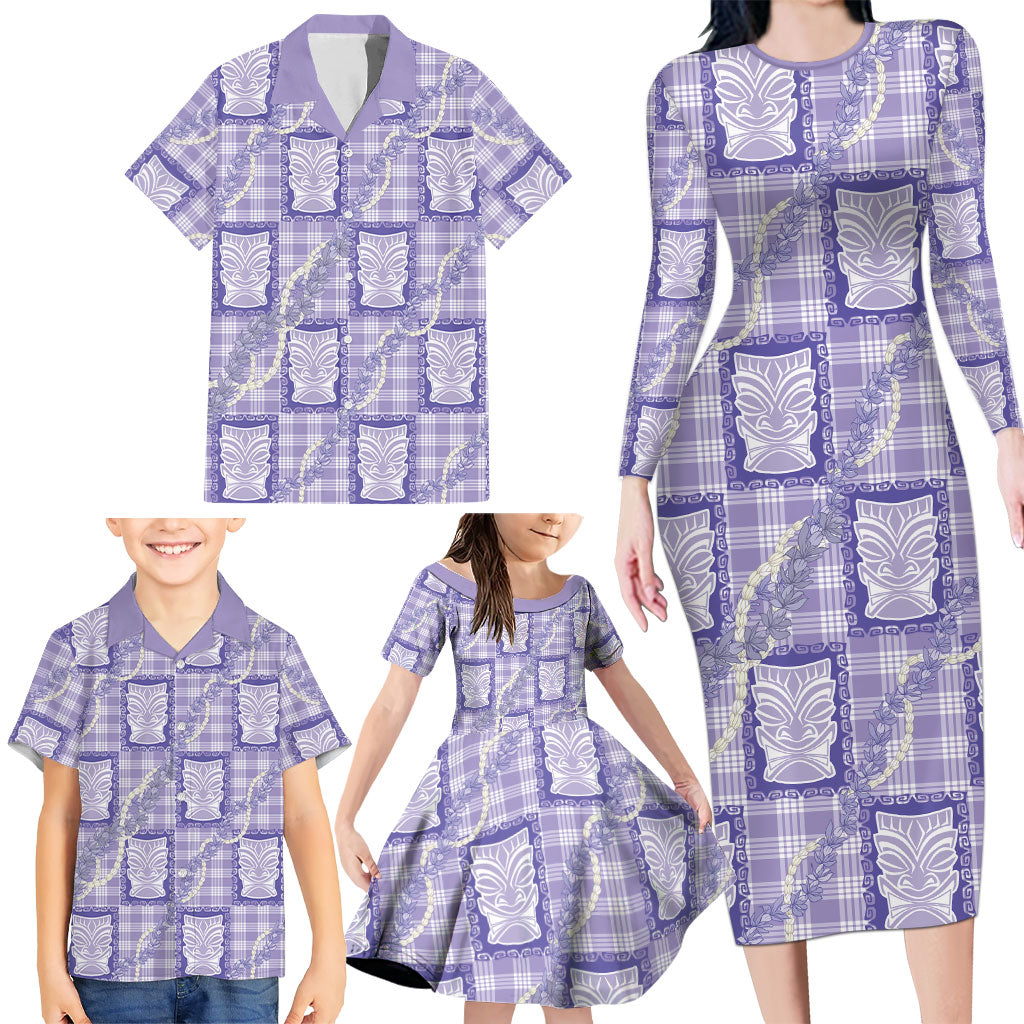 Aloha Hawaii Tiki Palaka Motifs Family Matching Long Sleeve Bodycon Dress and Hawaiian Shirt Honohono Lei Purple Elegant Vibes LT14 - Polynesian Pride