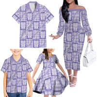 Aloha Hawaii Tiki Palaka Motifs Family Matching Off The Shoulder Long Sleeve Dress and Hawaiian Shirt Honohono Lei Purple Elegant Vibes