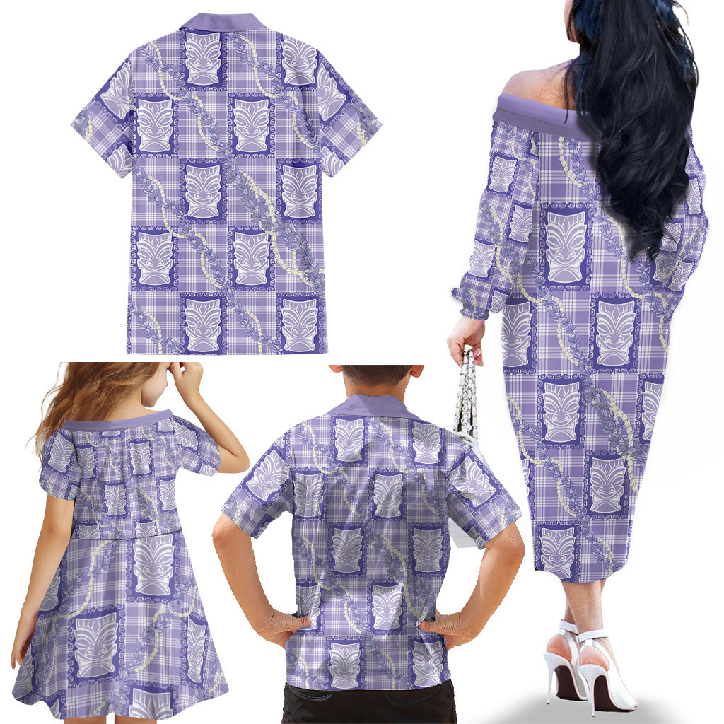 Aloha Hawaii Tiki Palaka Motifs Family Matching Off The Shoulder Long Sleeve Dress and Hawaiian Shirt Honohono Lei Purple Elegant Vibes