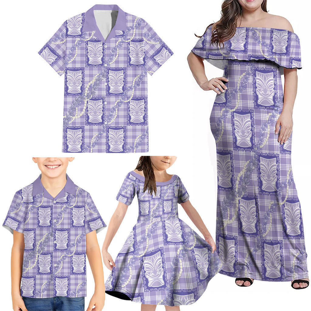 Aloha Hawaii Tiki Palaka Motifs Family Matching Off Shoulder Maxi Dress and Hawaiian Shirt Honohono Lei Purple Elegant Vibes LT14 - Polynesian Pride