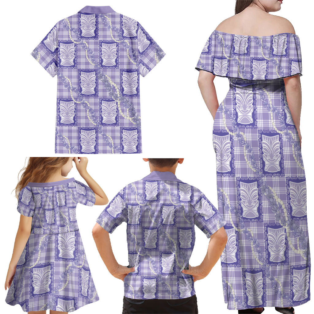 Aloha Hawaii Tiki Palaka Motifs Family Matching Off Shoulder Maxi Dress and Hawaiian Shirt Honohono Lei Purple Elegant Vibes