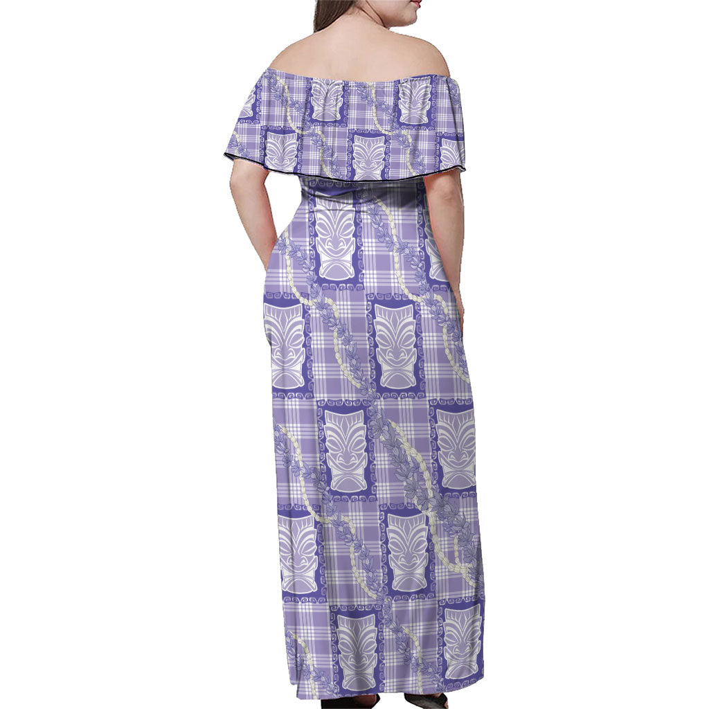 Aloha Hawaii Tiki Palaka Motifs Family Matching Off Shoulder Maxi Dress and Hawaiian Shirt Honohono Lei Purple Elegant Vibes