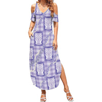 Aloha Hawaii Tiki Palaka Motifs Family Matching Summer Maxi Dress and Hawaiian Shirt Honohono Lei Purple Elegant Vibes