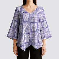 Aloha Hawaii Tiki Palaka Motifs Kimono Sleeve Blouse Honohono Lei Purple Elegant Vibes