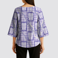 Aloha Hawaii Tiki Palaka Motifs Kimono Sleeve Blouse Honohono Lei Purple Elegant Vibes