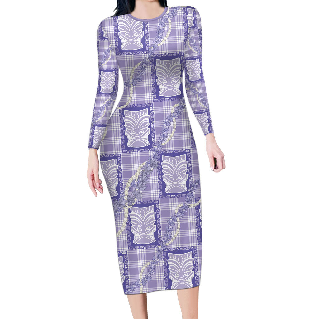 Aloha Hawaii Tiki Palaka Motifs Long Sleeve Bodycon Dress Honohono Lei Purple Elegant Vibes LT14 Long Dress Purple - Polynesian Pride