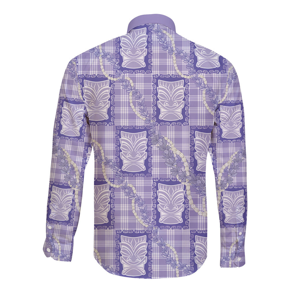 Aloha Hawaii Tiki Palaka Motifs Long Sleeve Button Shirt Honohono Lei Purple Elegant Vibes
