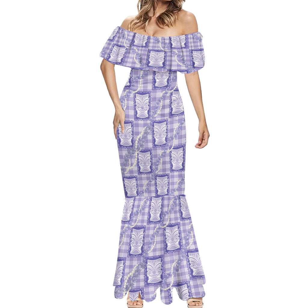 Aloha Hawaii Tiki Palaka Motifs Mermaid Dress Honohono Lei Purple Elegant Vibes