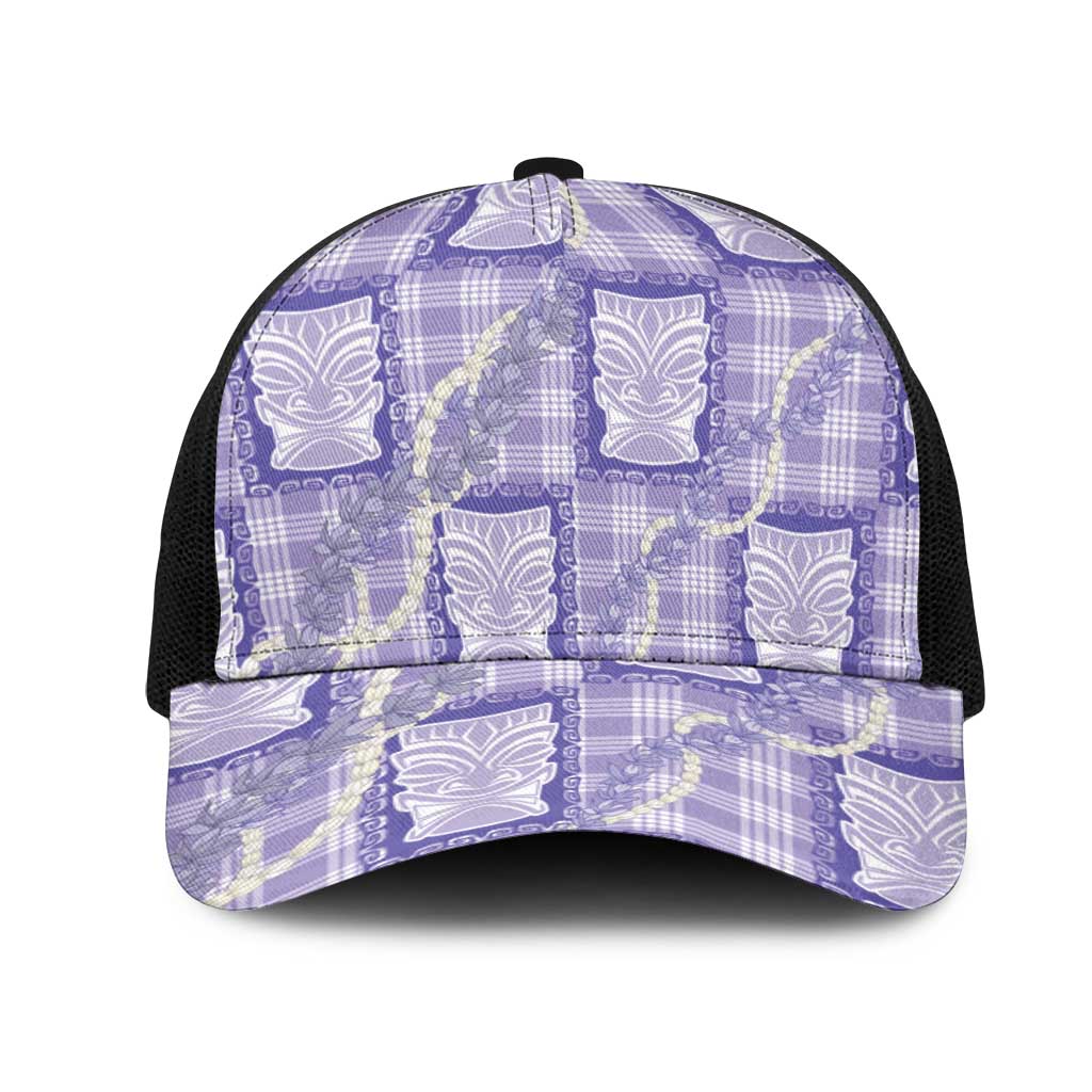 Aloha Hawaii Tiki Palaka Motifs Mesh Trucker Cap Honohono Lei Purple Elegant Vibes LT14 One Size Black Purple - Polynesian Pride