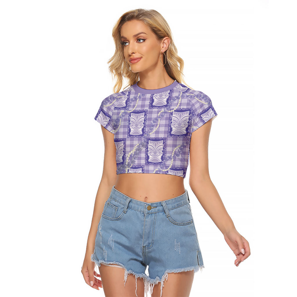 Aloha Hawaii Tiki Palaka Motifs Raglan Cropped T Shirt Honohono Lei Purple Elegant Vibes LT14 Female Purple - Polynesian Pride