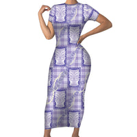 Aloha Hawaii Tiki Palaka Motifs Short Sleeve Bodycon Dress Honohono Lei Purple Elegant Vibes