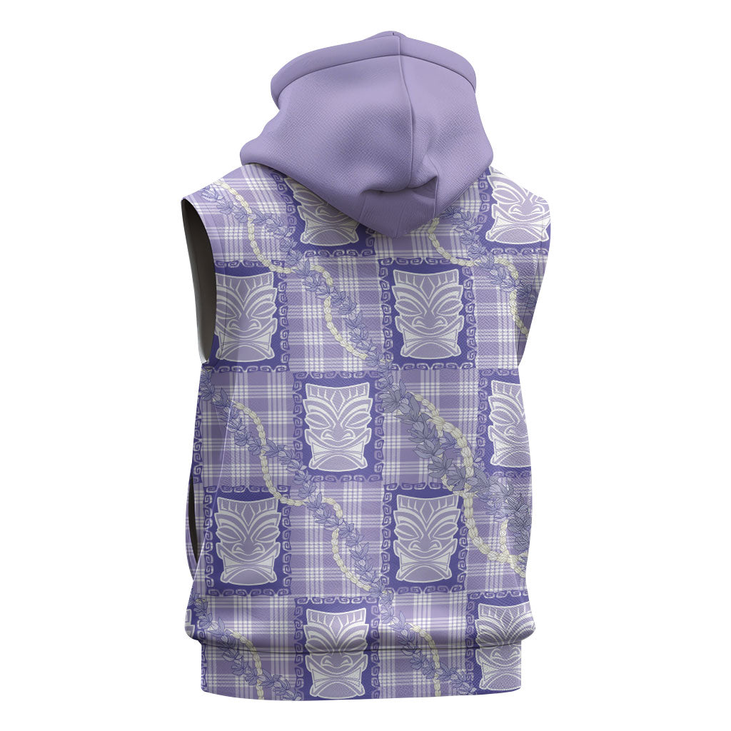 Aloha Hawaii Tiki Palaka Motifs Sleeveless Zip Hoodie Honohono Lei Purple Elegant Vibes