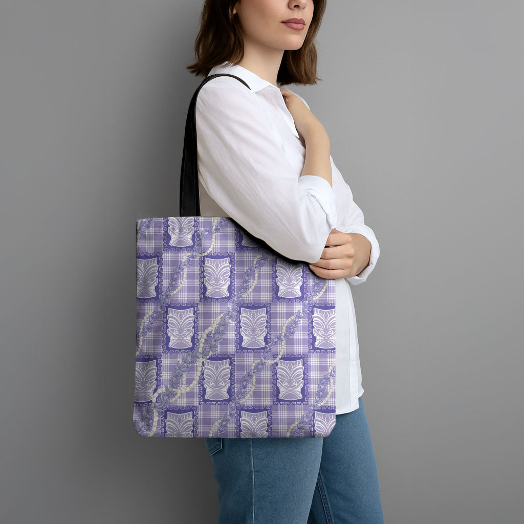 Aloha Hawaii Tiki Palaka Motifs Tote Bag Honohono Lei Purple Elegant Vibes