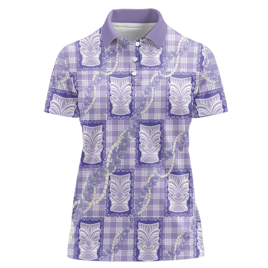 Aloha Hawaii Tiki Palaka Motifs Women Polo Shirt Honohono Lei Purple Elegant Vibes